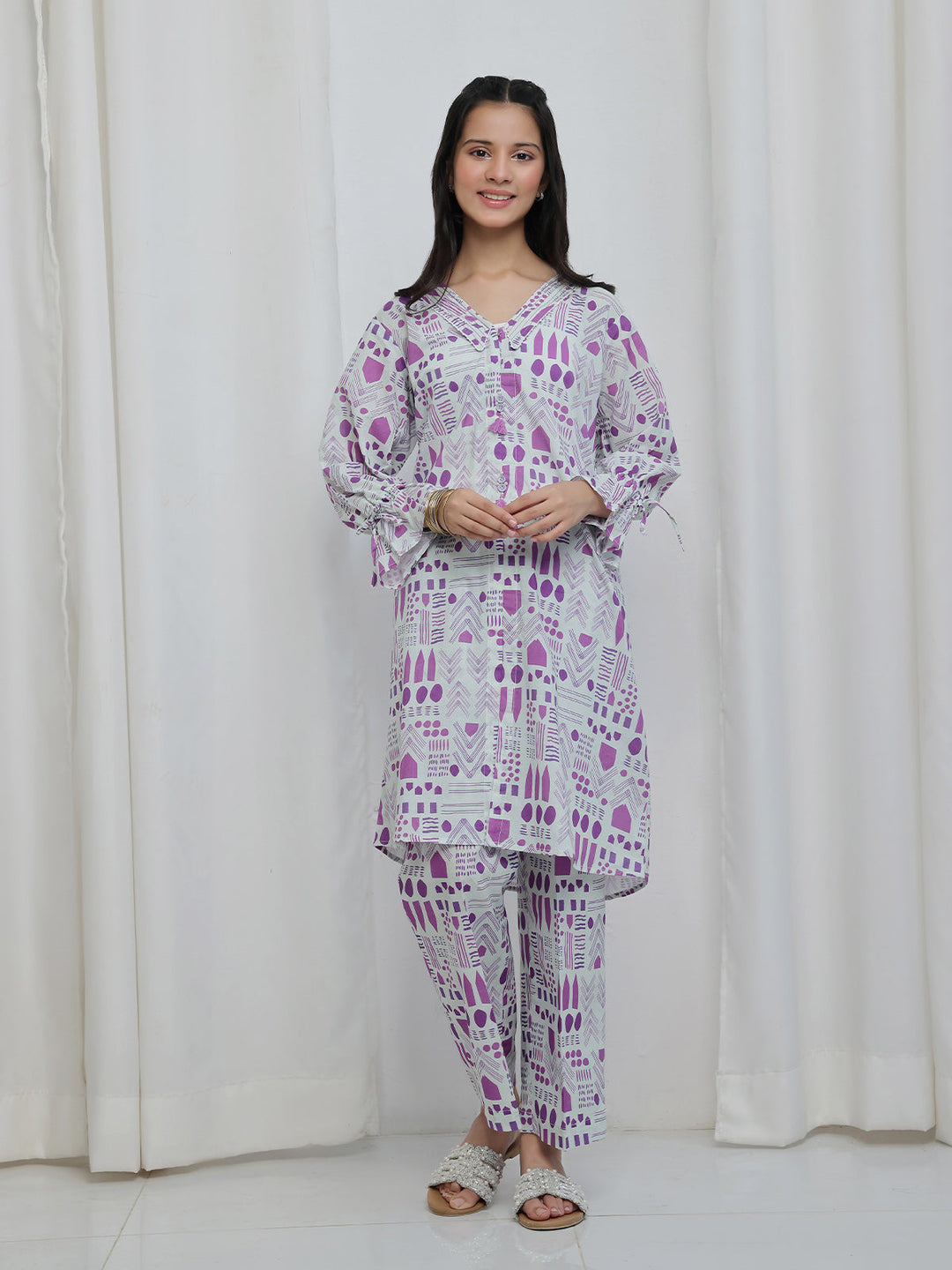 Oaks Printed Lawn Co-ord set White 2 Piece