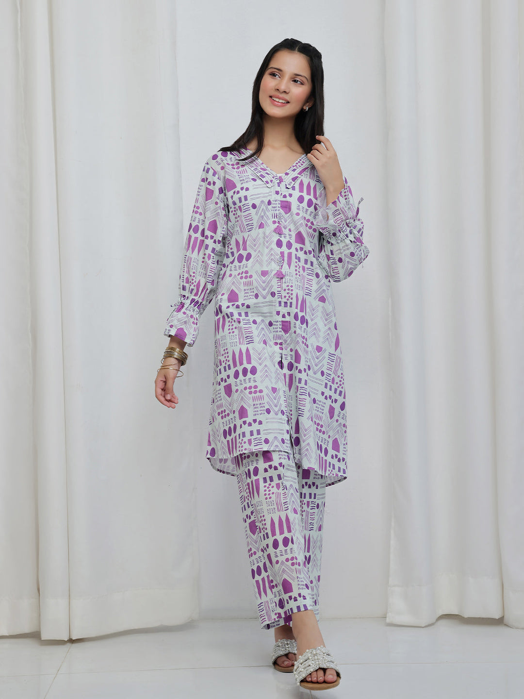Oaks Printed Lawn Co-ord set White 2 Piece