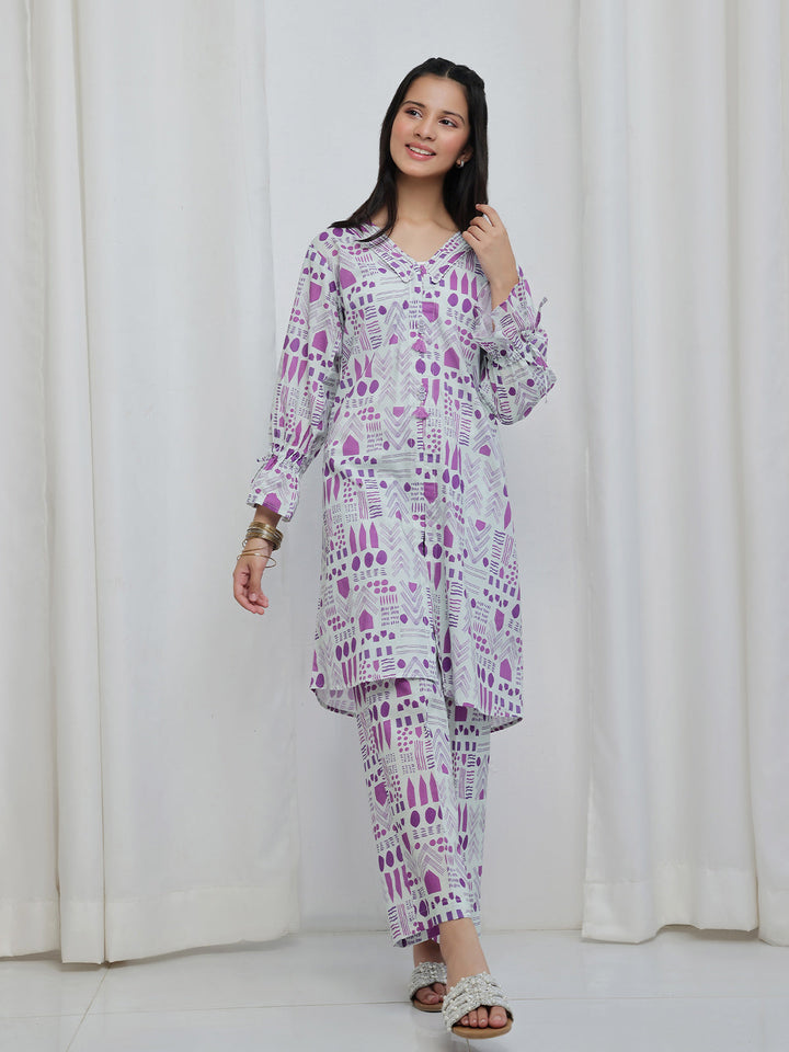 Oaks Printed Lawn Co-ord set White 2 Piece