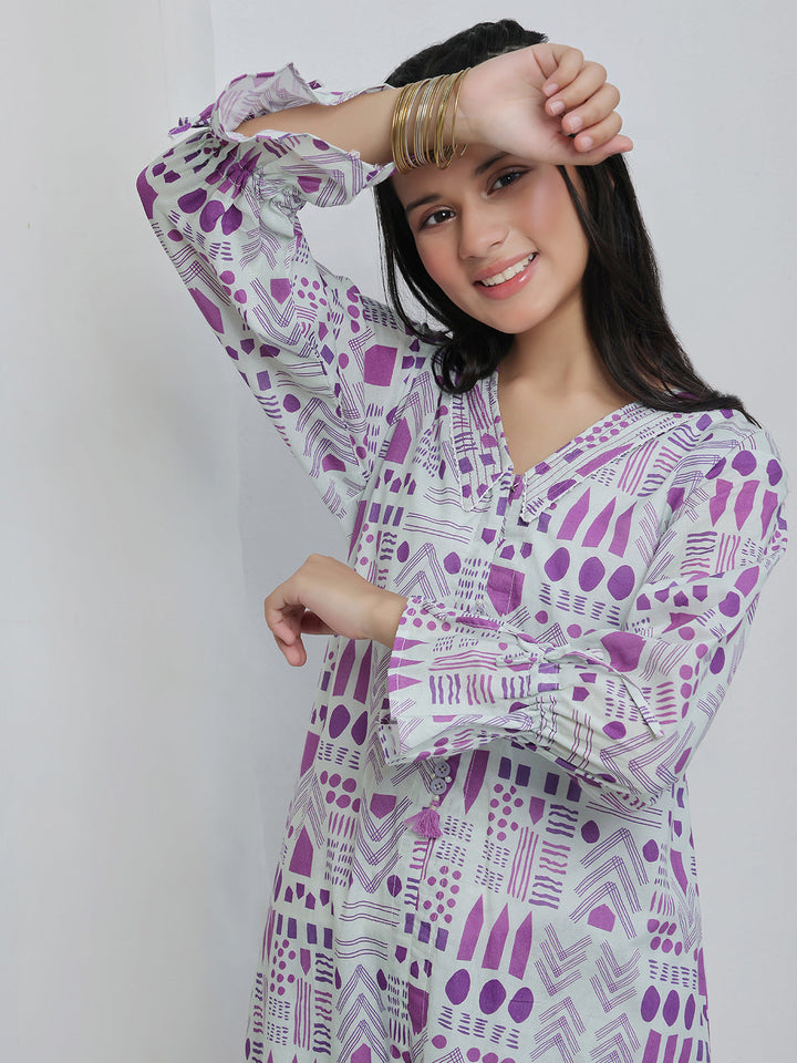 Oaks Printed Lawn Co-ord set White 2 Piece