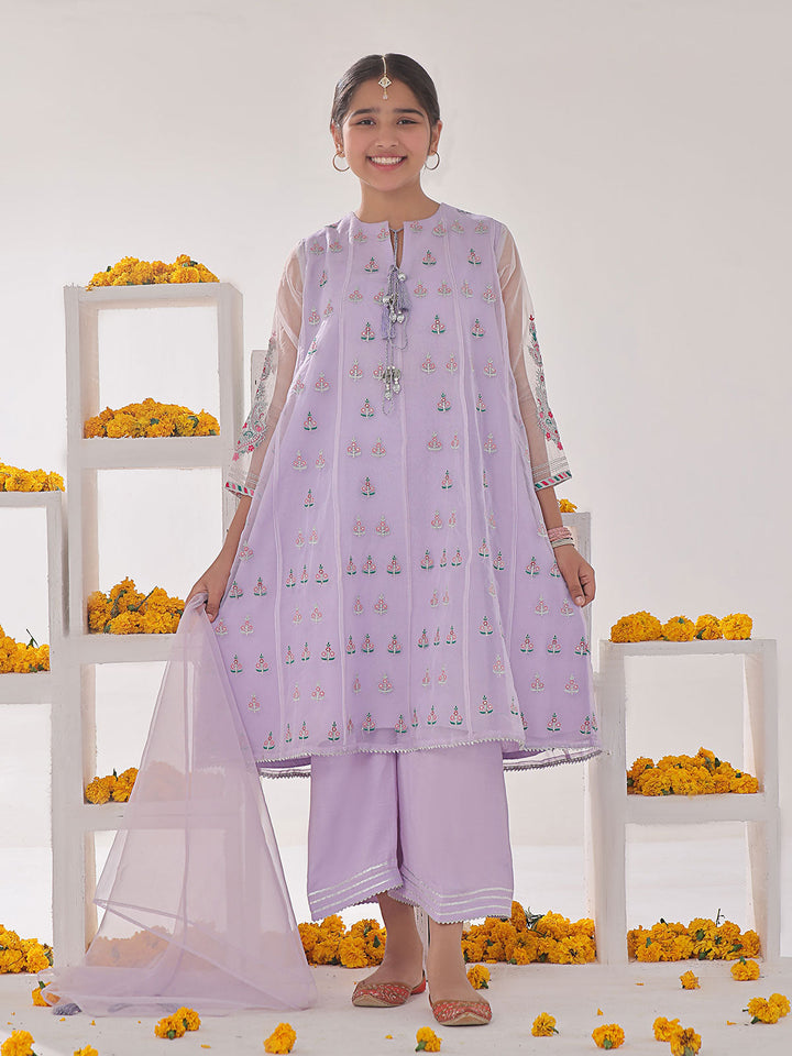 Oaks - Organza Embroidered Pret Suit For Women - Light Lilac - 3 Piece