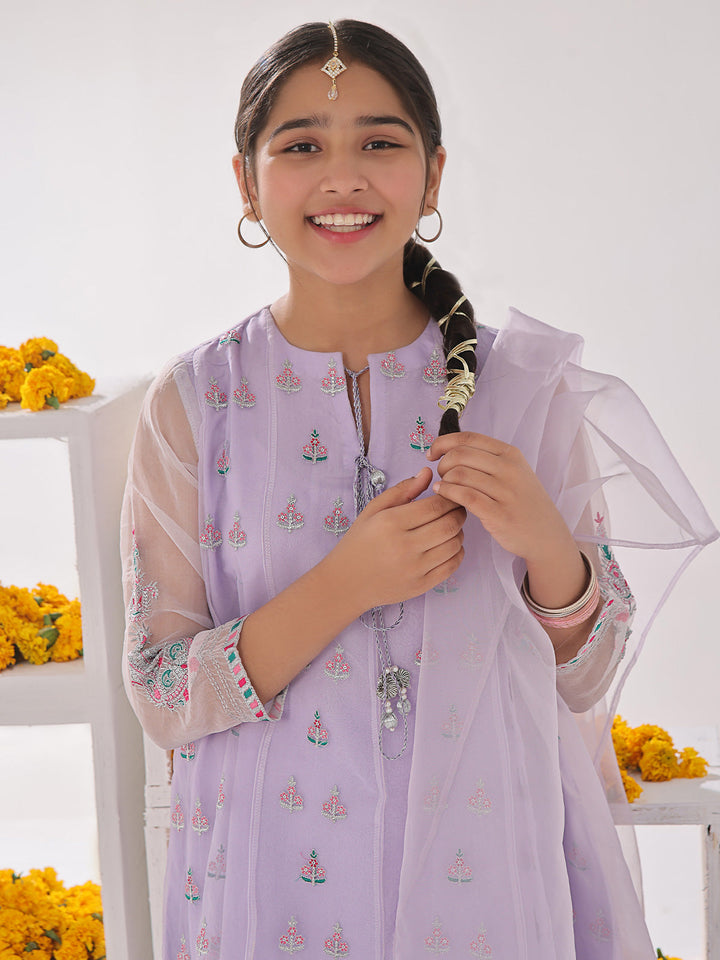 Oaks - Organza Embroidered Pret Suit For Women - Light Lilac - 3 Piece
