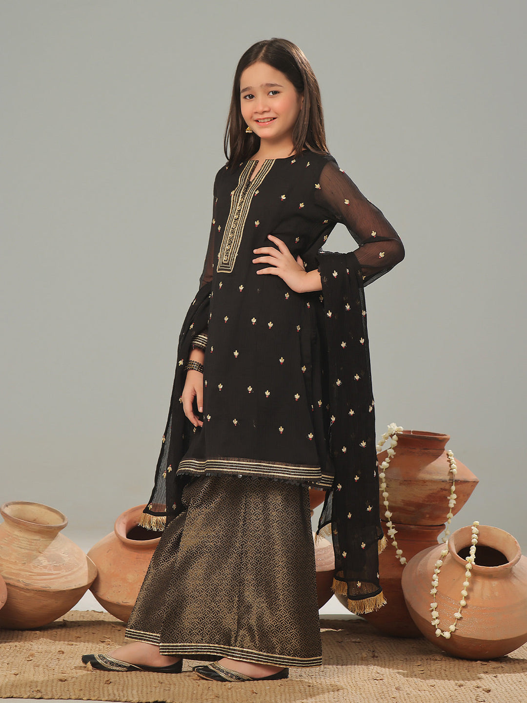 Oaks - Chiffon Embroidered Pret Suit For Women - Black - 3 Piece