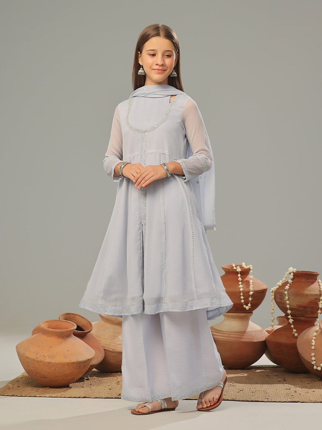 Oaks - Organza Embroidered Pret Suit For Women - Sky Blue - 3 Piece