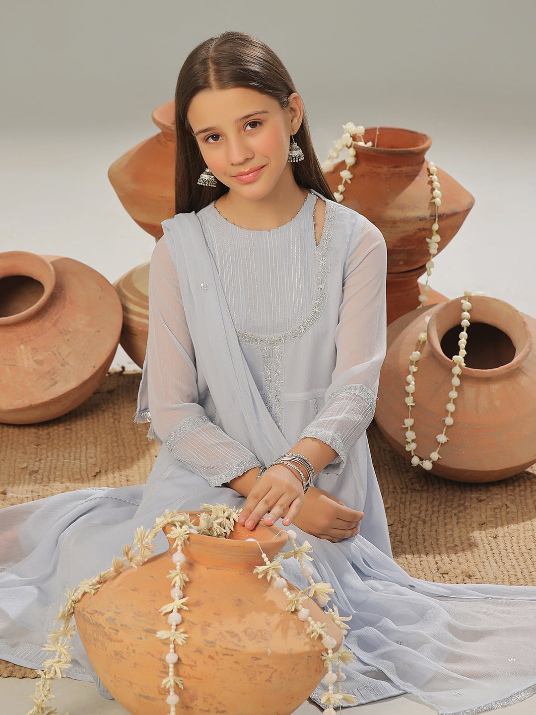 Oaks - Organza Embroidered Pret Suit For Women - Sky Blue - 3 Piece