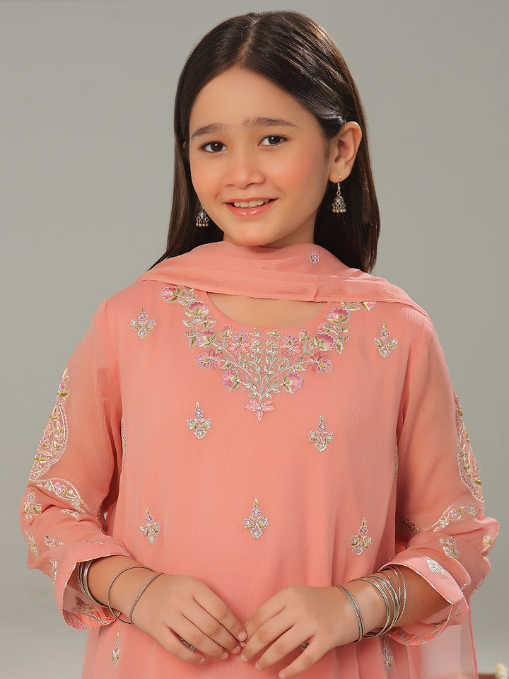 Oaks - Chiffon Embroidered Pret Suit For Women - Peach - 3 Piece