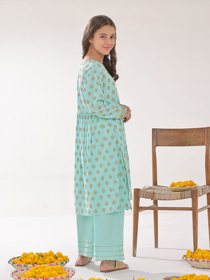 Oaks - Printed Pret Shirt Trouser Dyed Lawn Ferozi  - 2 Piece