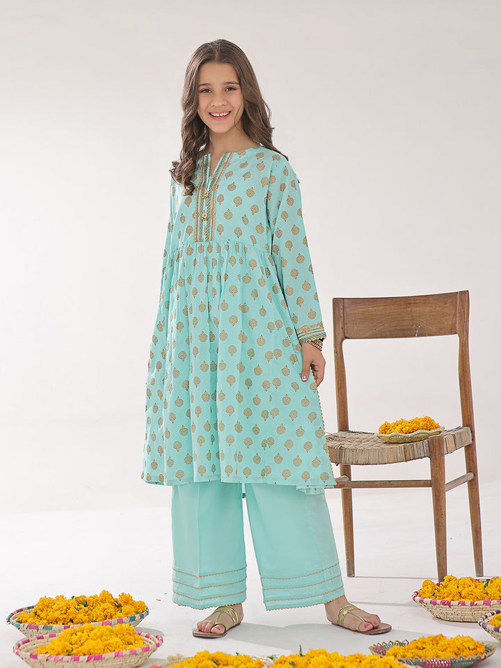 Oaks - Printed Pret Shirt Trouser Dyed Lawn Ferozi  - 2 Piece