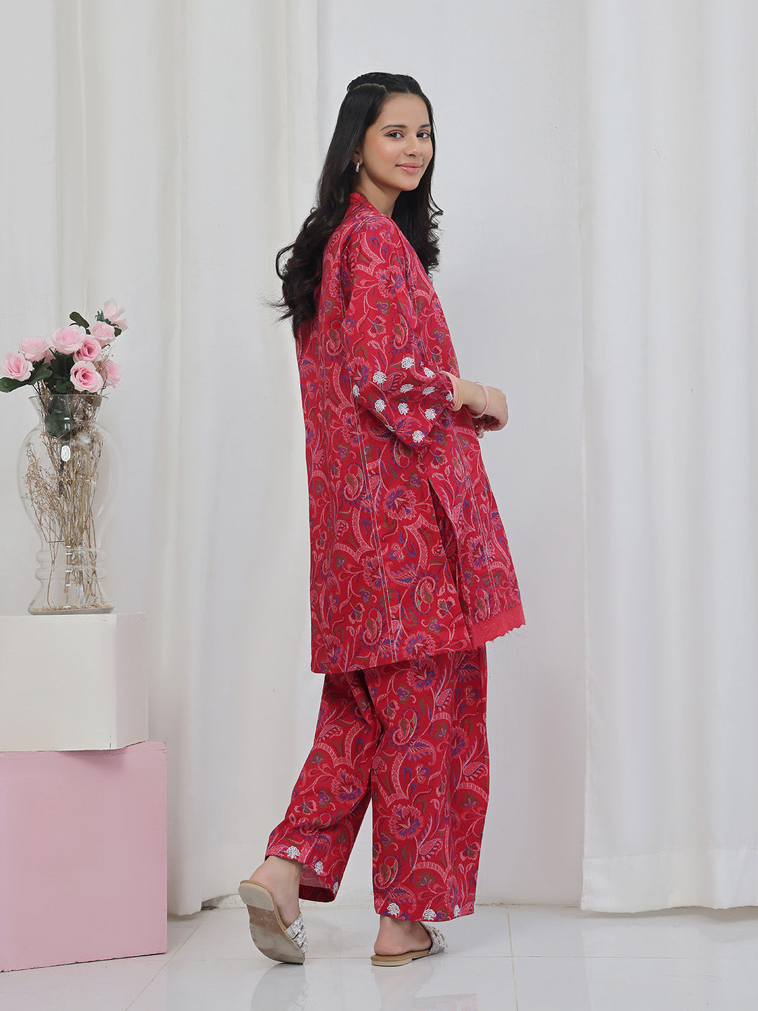 Oaks - Embroidered Lawn Suit For Girl - Red - 2 Piece