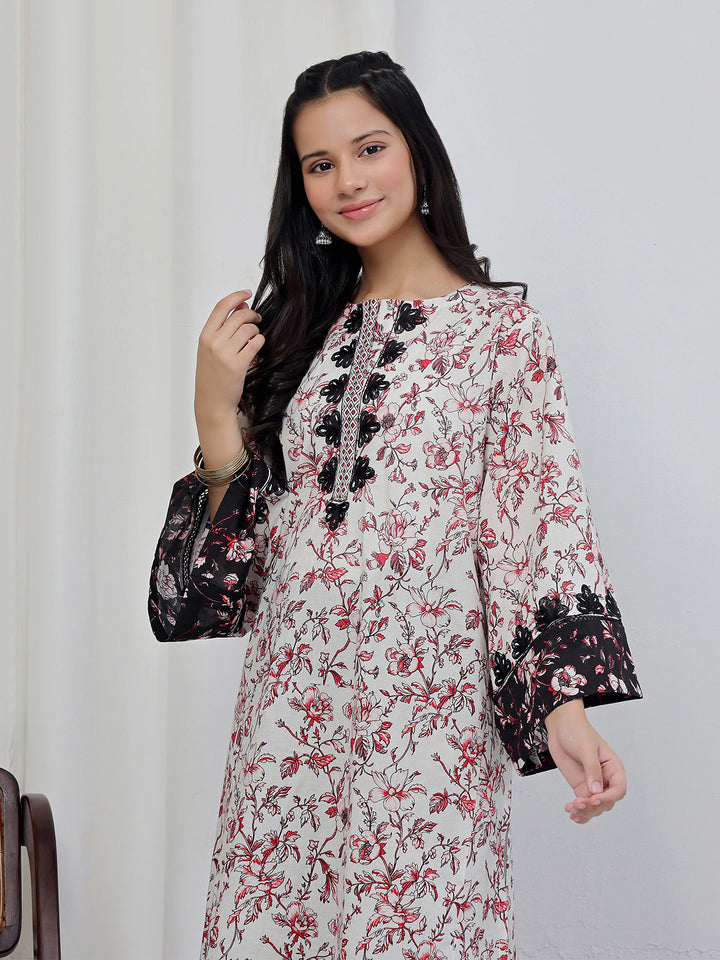 Oaks - Embroidered Lawn Suit For Girl - Red&Black - 2 Piece