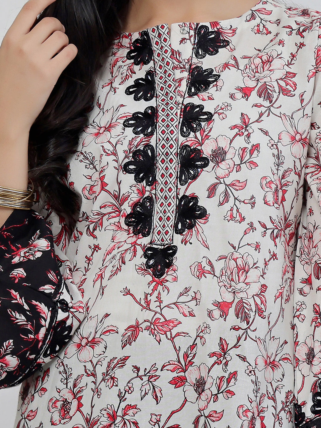 Oaks - Embroidered Lawn Suit For Girl - Red&Black - 2 Piece