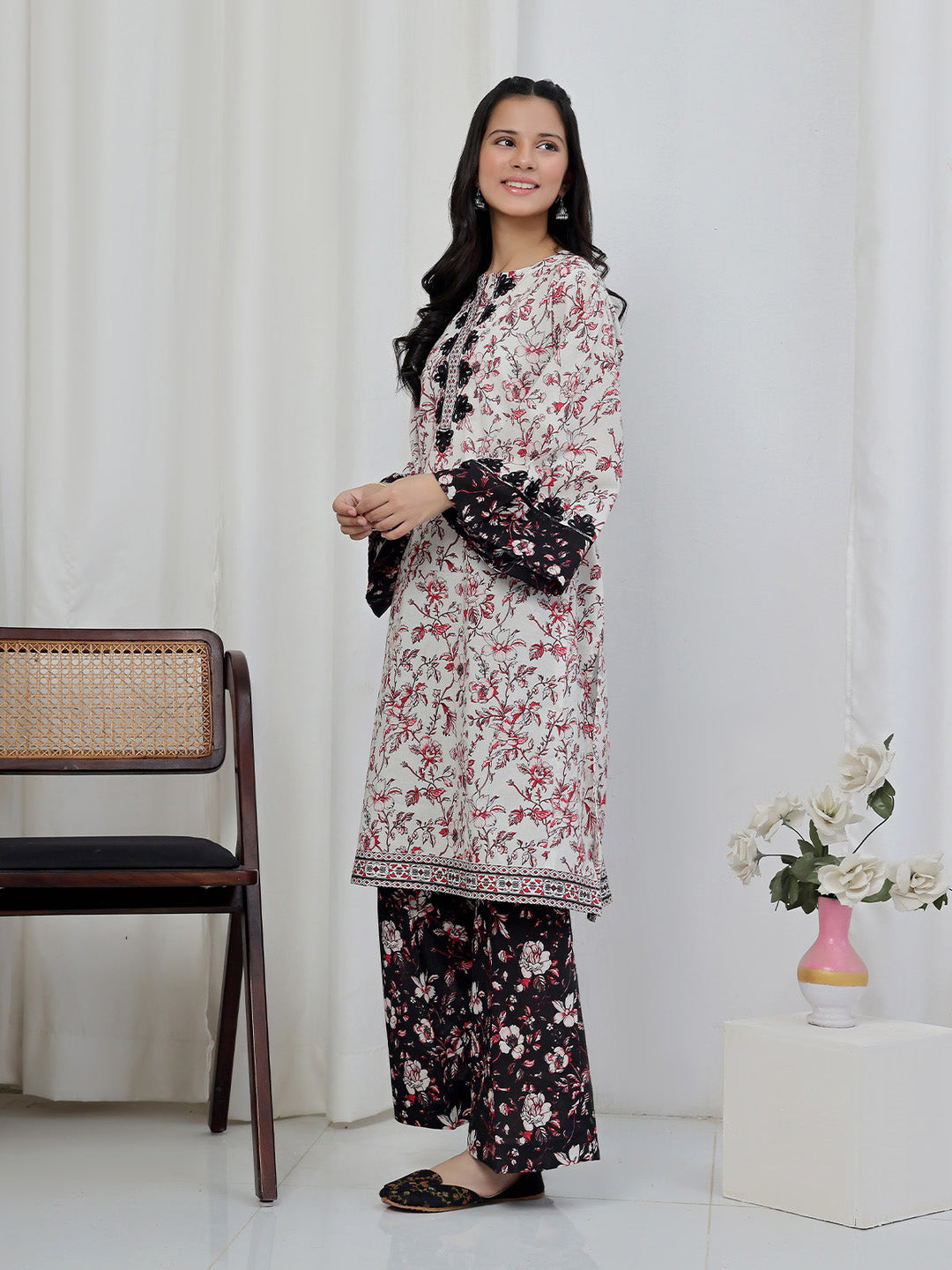 Oaks - Embroidered Lawn Suit For Girl - Red&Black - 2 Piece