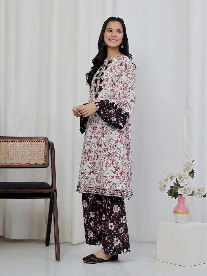 Oaks - Embroidered Lawn Suit For Girl - Red&Black - 2 Piece