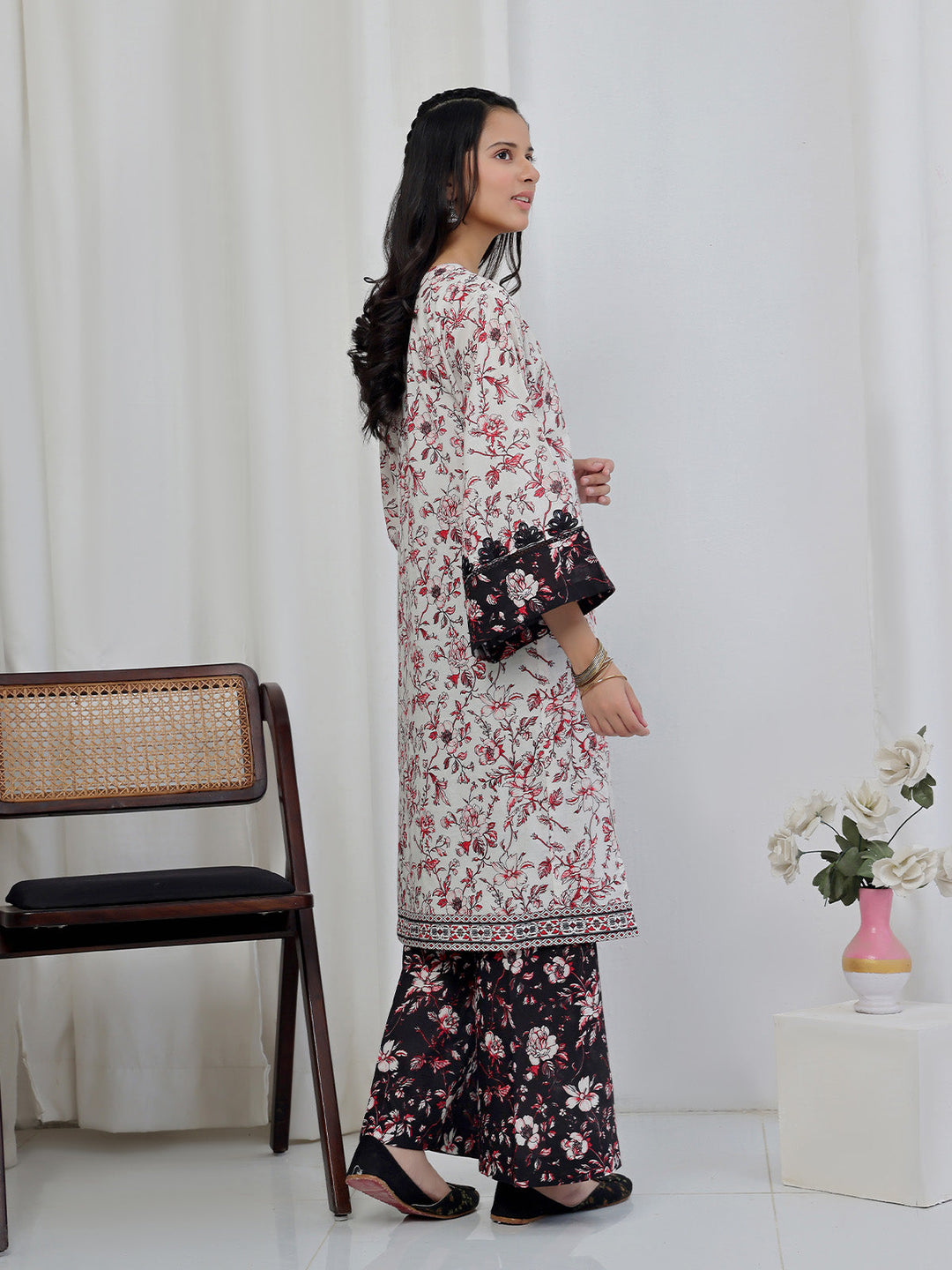 Oaks - Embroidered Lawn Suit For Girl - Red&Black - 2 Piece