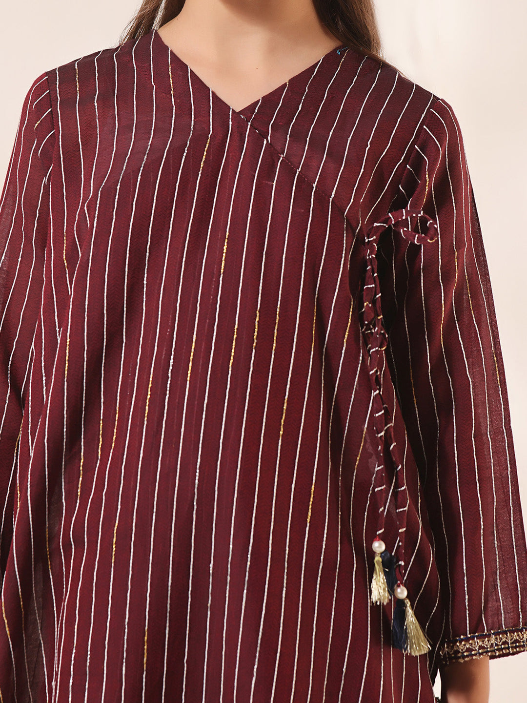 Oaks - Embroidered Pret Kurti Dobby Maroon  - 1 Piece