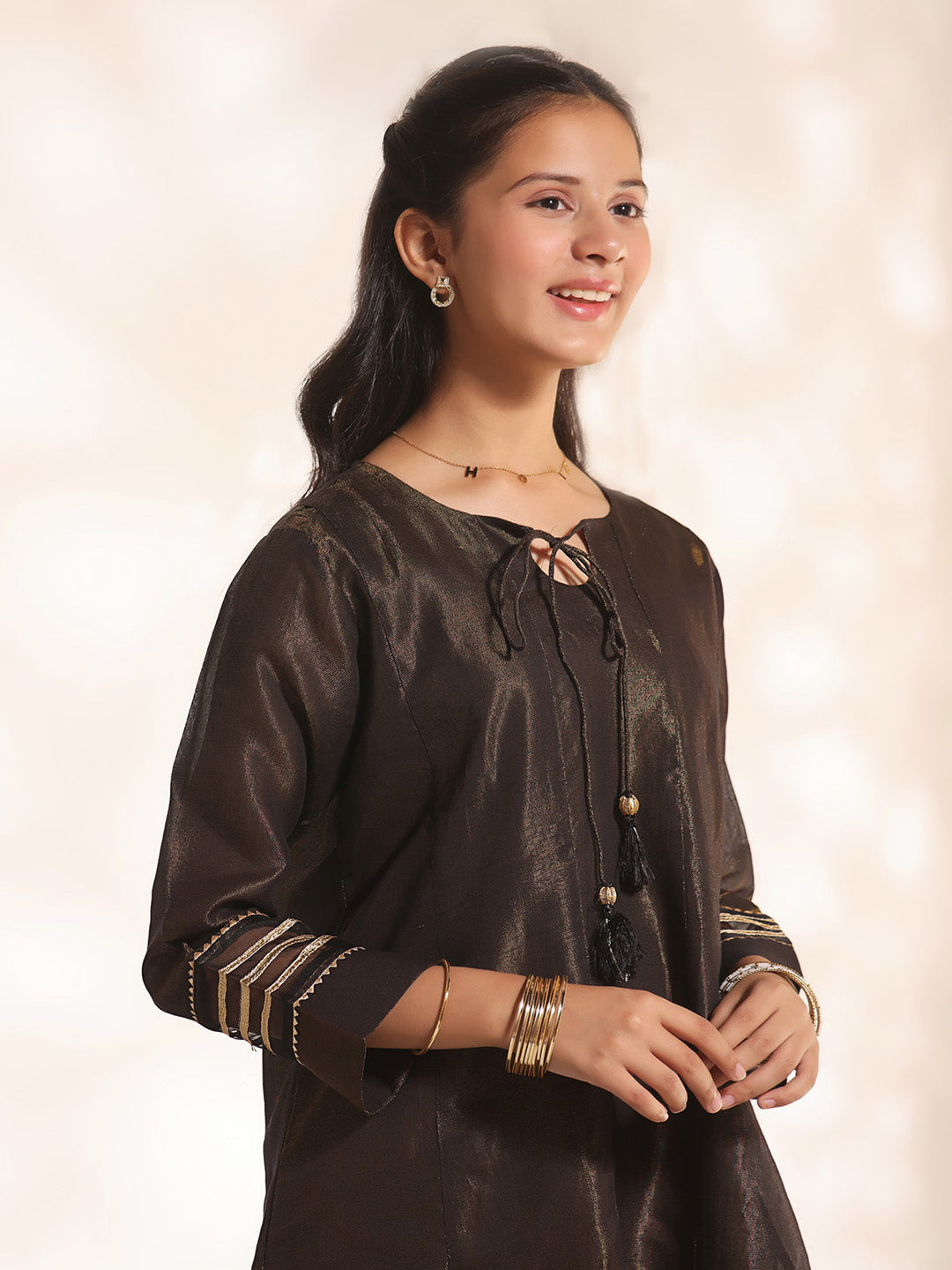 Oaks - Fancy Pret Kurti Masoori Black & Golden  - 1 Piece