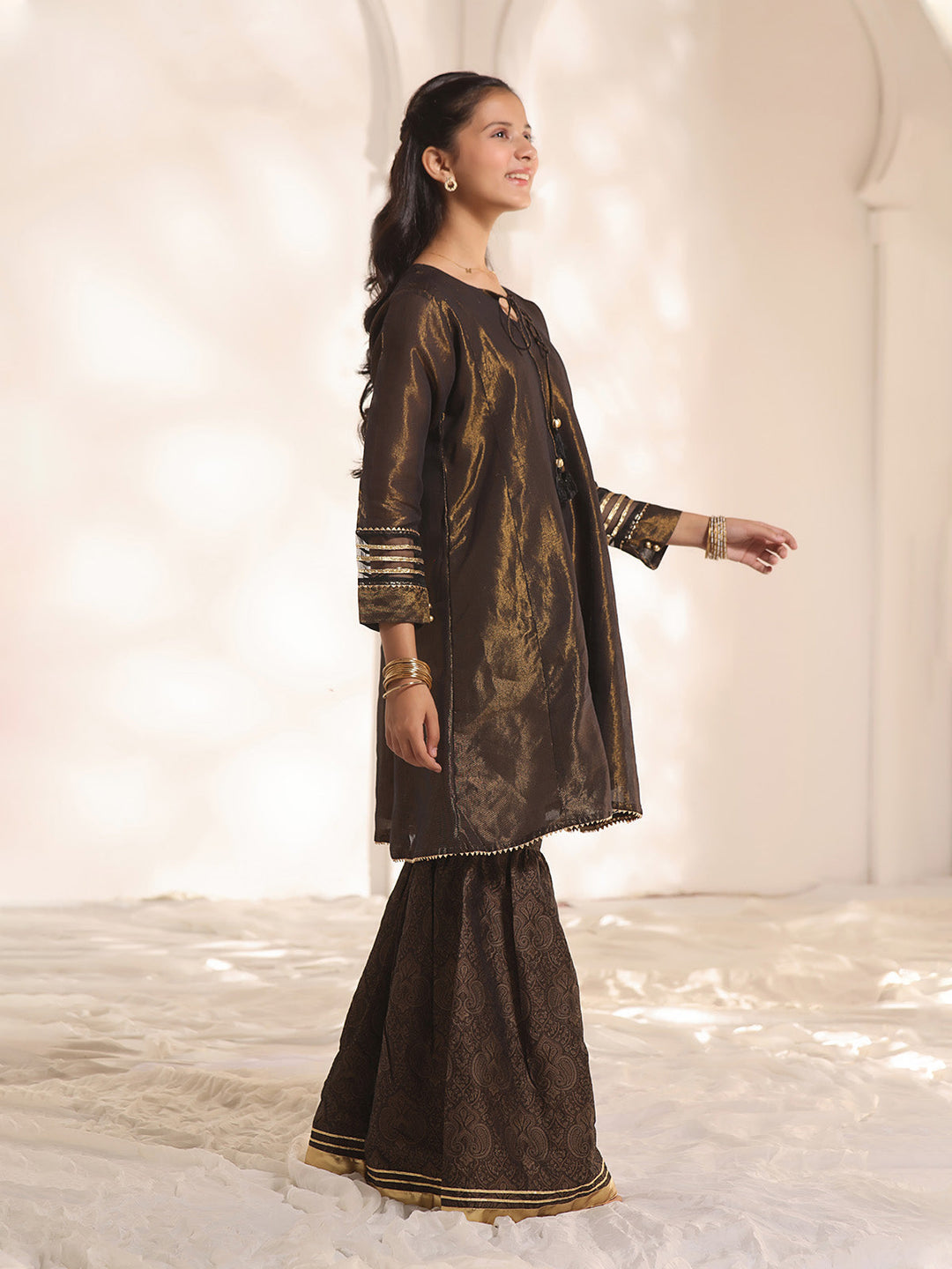 Oaks - Fancy Pret Kurti Masoori Black & Golden  - 1 Piece