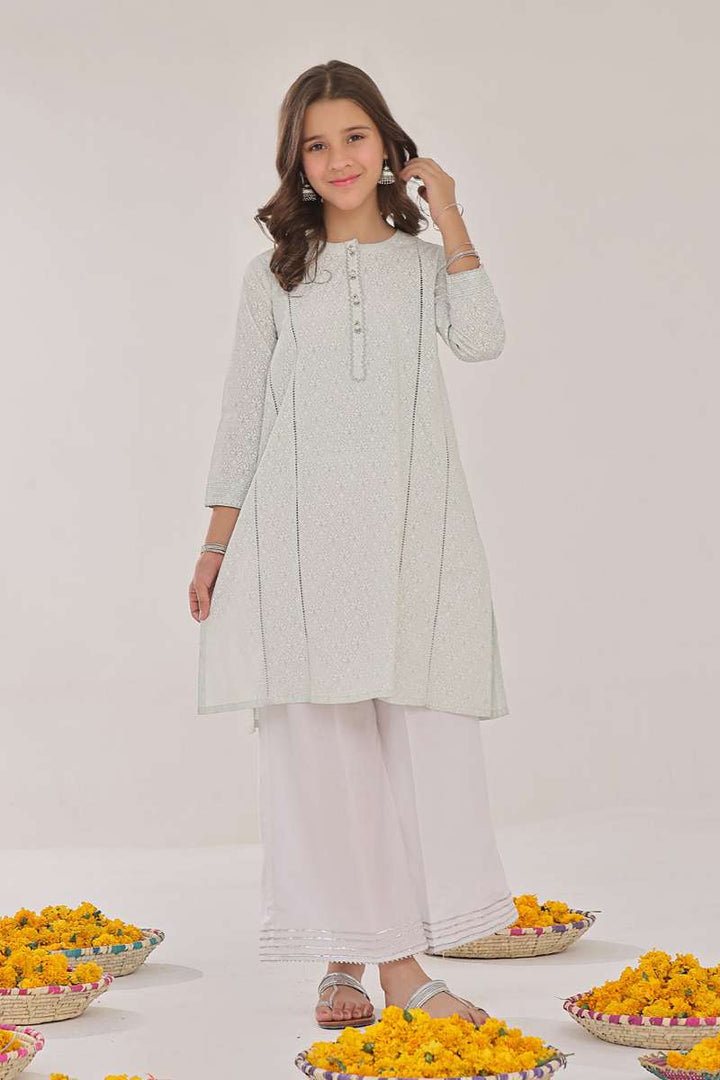 Oaks - Printed Pret Kurti Yarn Dyed Green & White  - 1 Piece