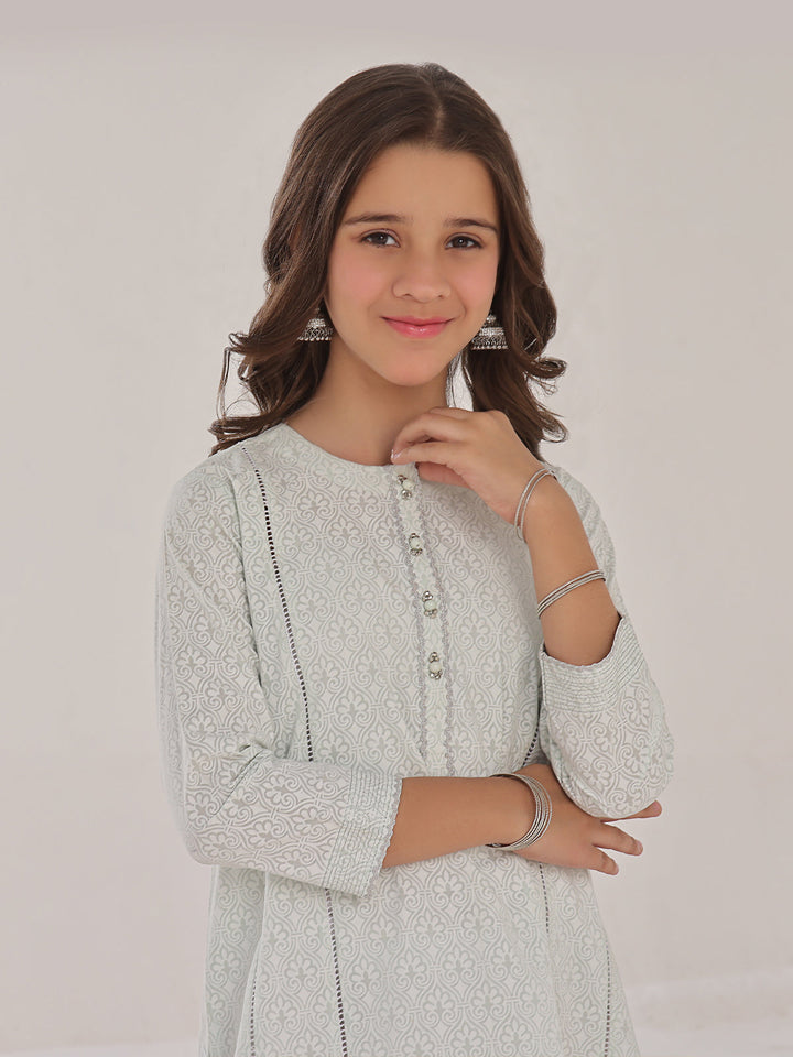 Oaks - Printed Pret Kurti Yarn Dyed Green & White  - 1 Piece