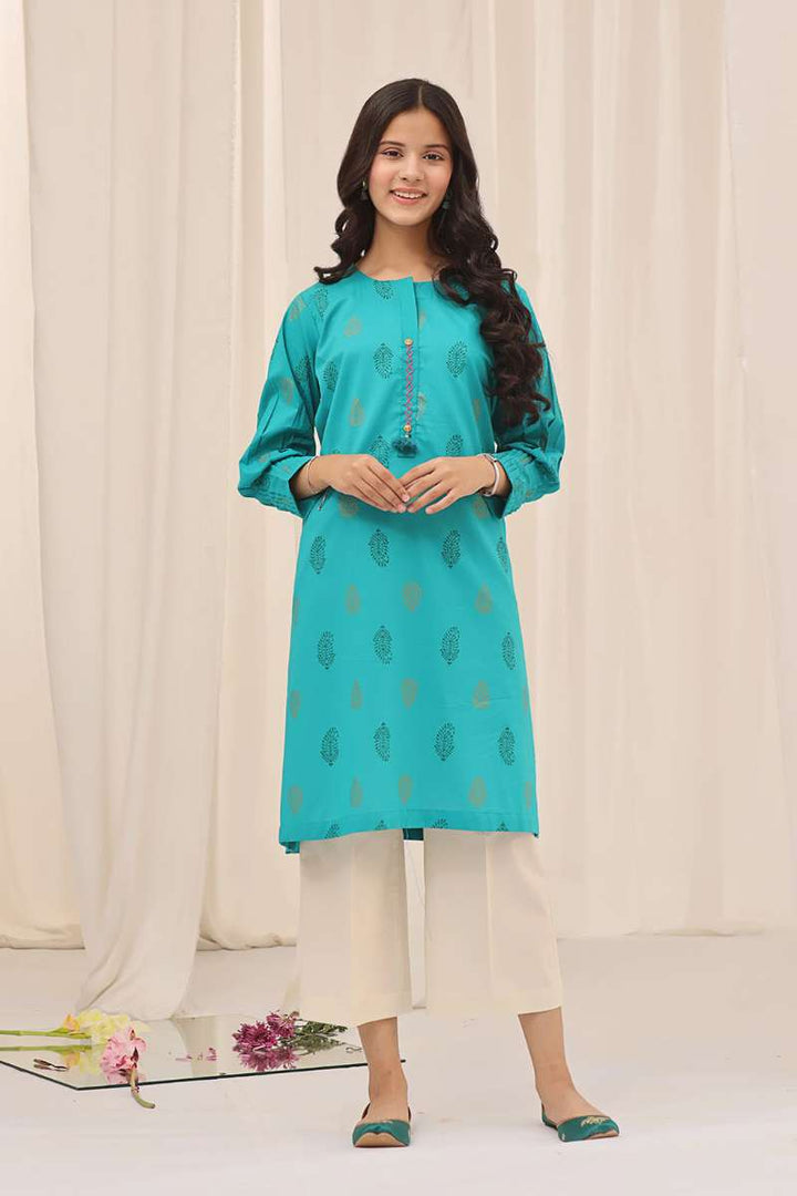 Oaks - Printed Pret Kurti Cotton Aqua Green  - 1 Piece