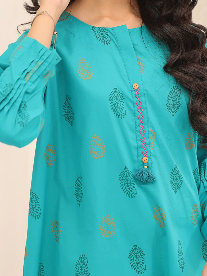 Oaks - Printed Pret Kurti Cotton Aqua Green  - 1 Piece