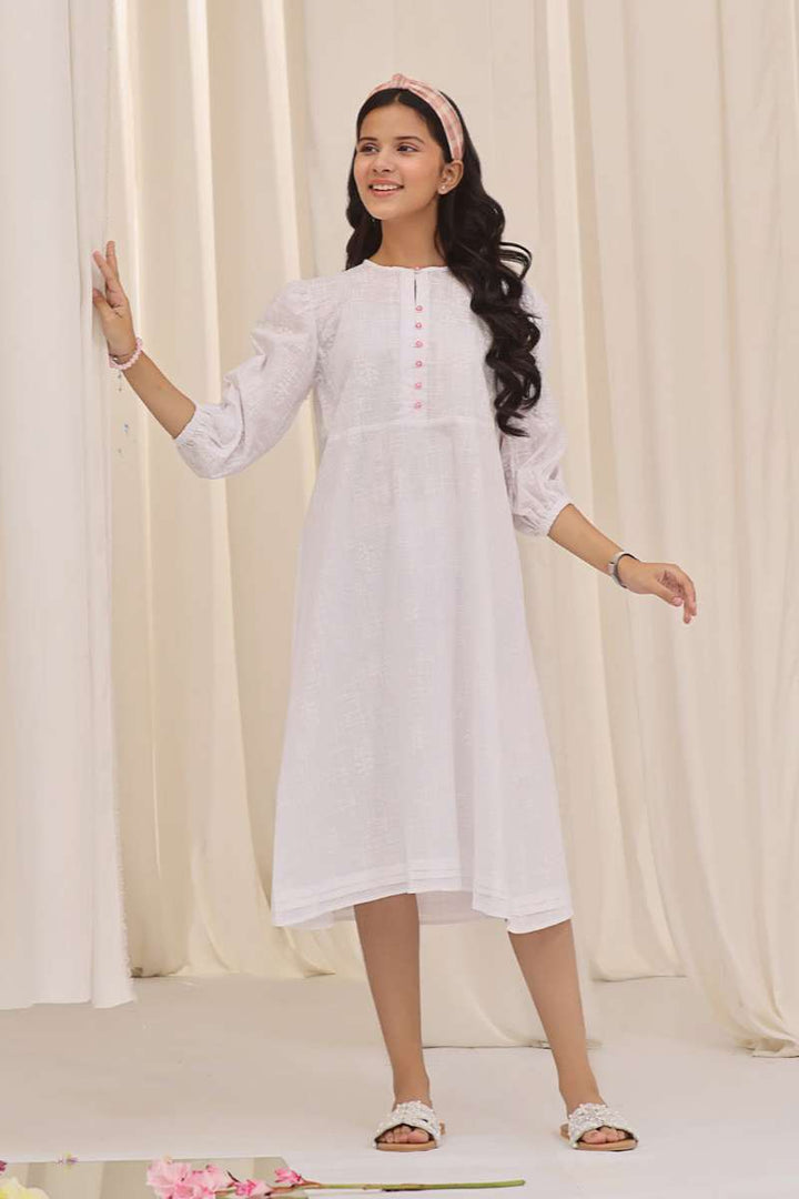 Oaks - Printed Pret Kurti Cotton White  - 1 Piece