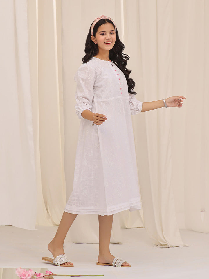 Oaks - Printed Pret Kurti Cotton White  - 1 Piece