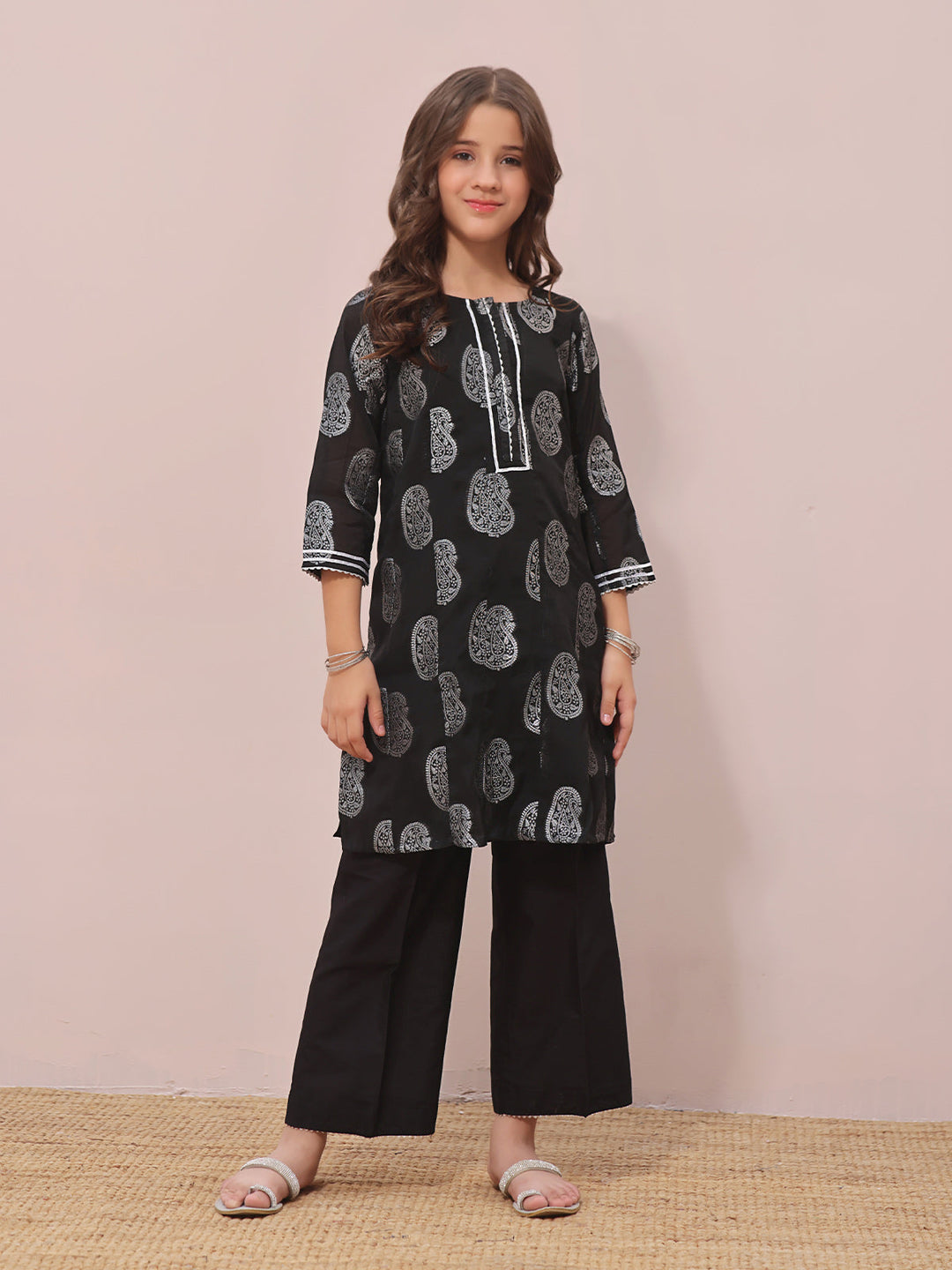 Oaks - Printed Pret Kurti Jacquard Black  - 1 Piece