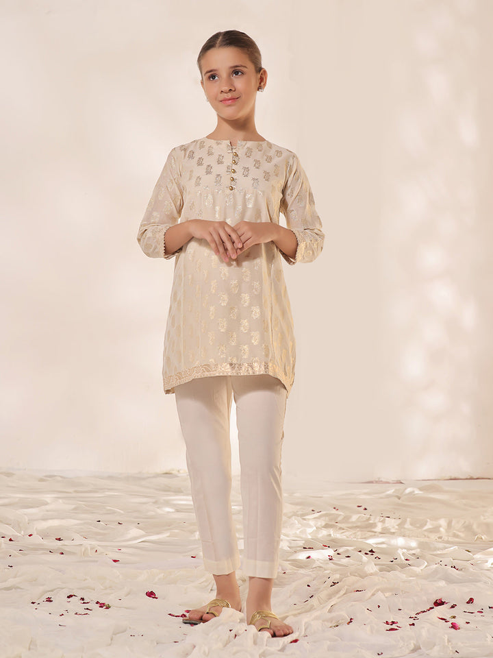 Oaks - Printed Pret Kurti Jacquard Cream  - 1 Piece