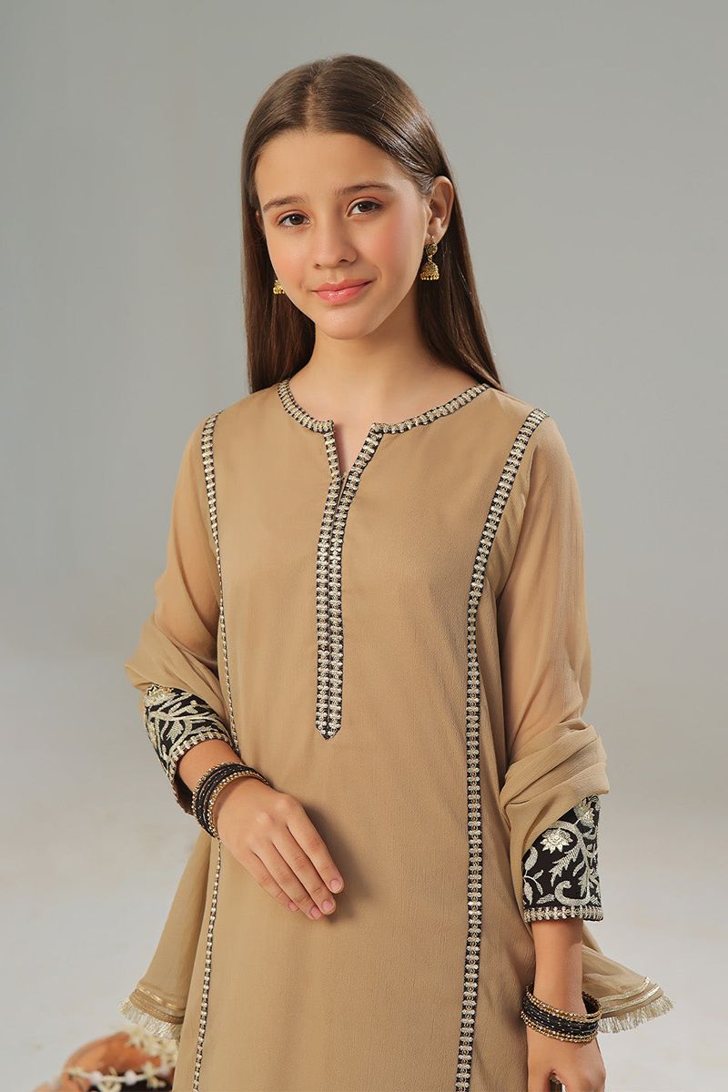 Oaks - Embroidered Suit Pret Dyed Chiffon Fawn  - 3 Piece