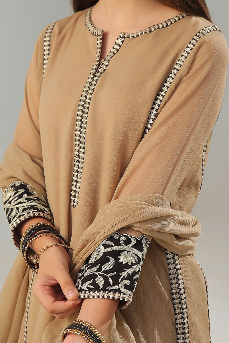 Oaks - Embroidered Suit Pret Dyed Chiffon Fawn  - 3 Piece