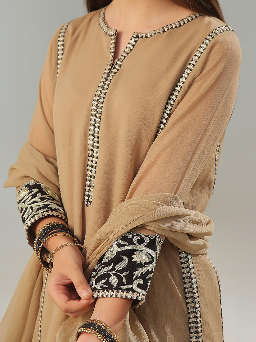 Oaks - Embroidered Suit Pret Dyed Chiffon Fawn  - 3 Piece