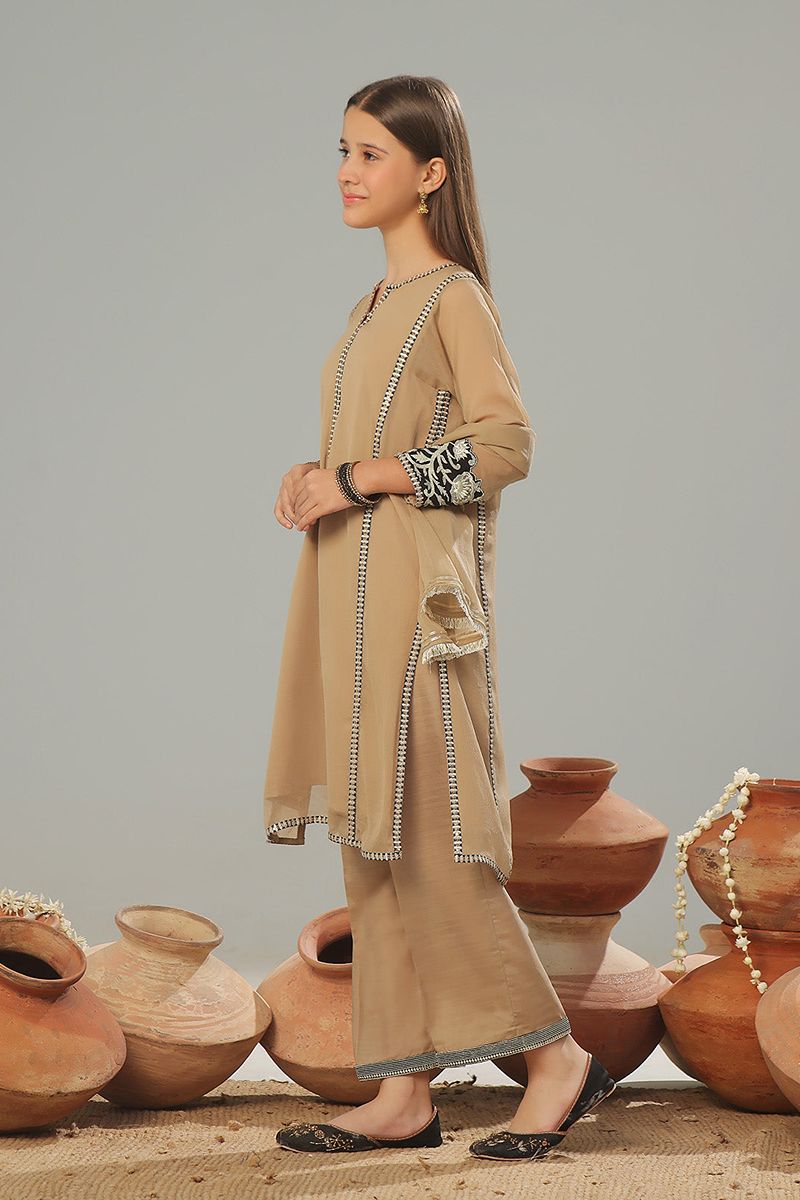 Oaks - Embroidered Suit Pret Dyed Chiffon Fawn  - 3 Piece