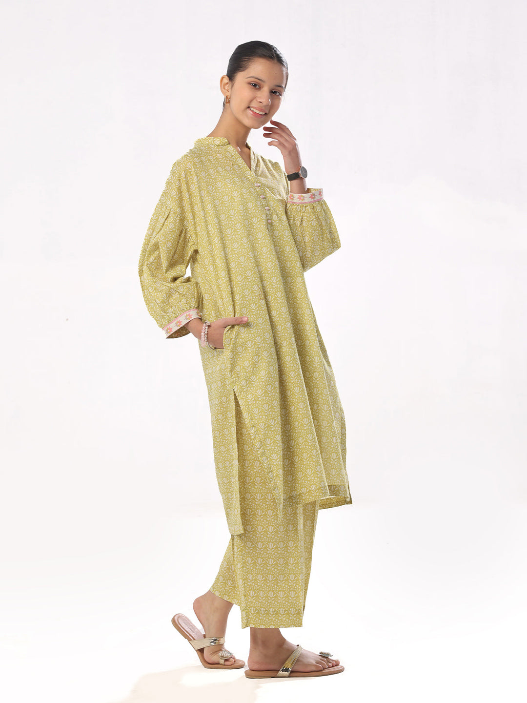 Oaks - Printed Pret Shirt Trouser Cambric Mehandi  - 2 Piece