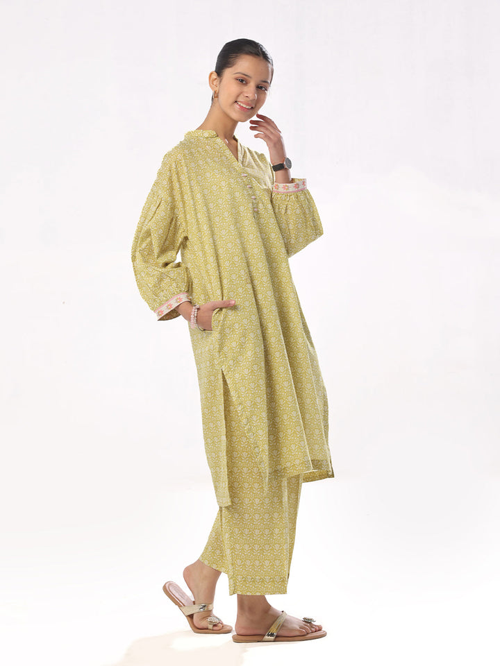 Oaks - Printed Pret Shirt Trouser Cambric Mehandi  - 2 Piece