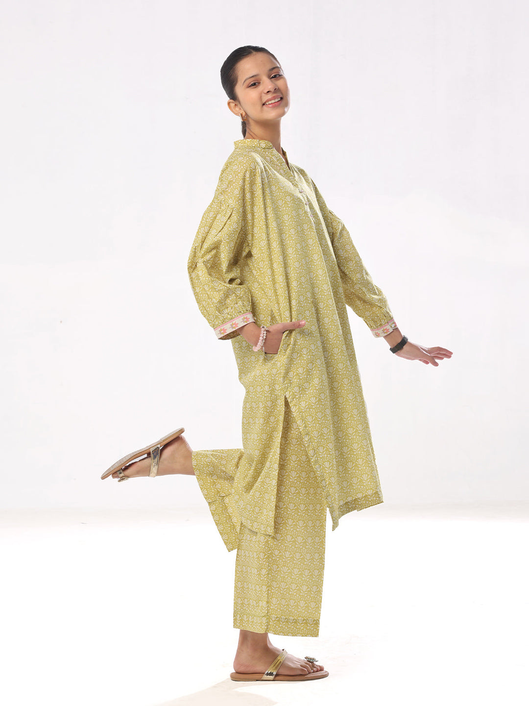 Oaks - Printed Pret Shirt Trouser Cambric Mehandi  - 2 Piece