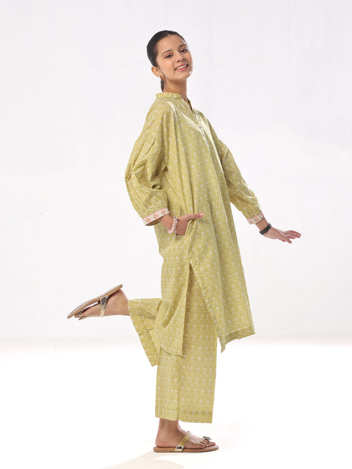 Oaks - Printed Pret Shirt Trouser Cambric Mehandi  - 2 Piece