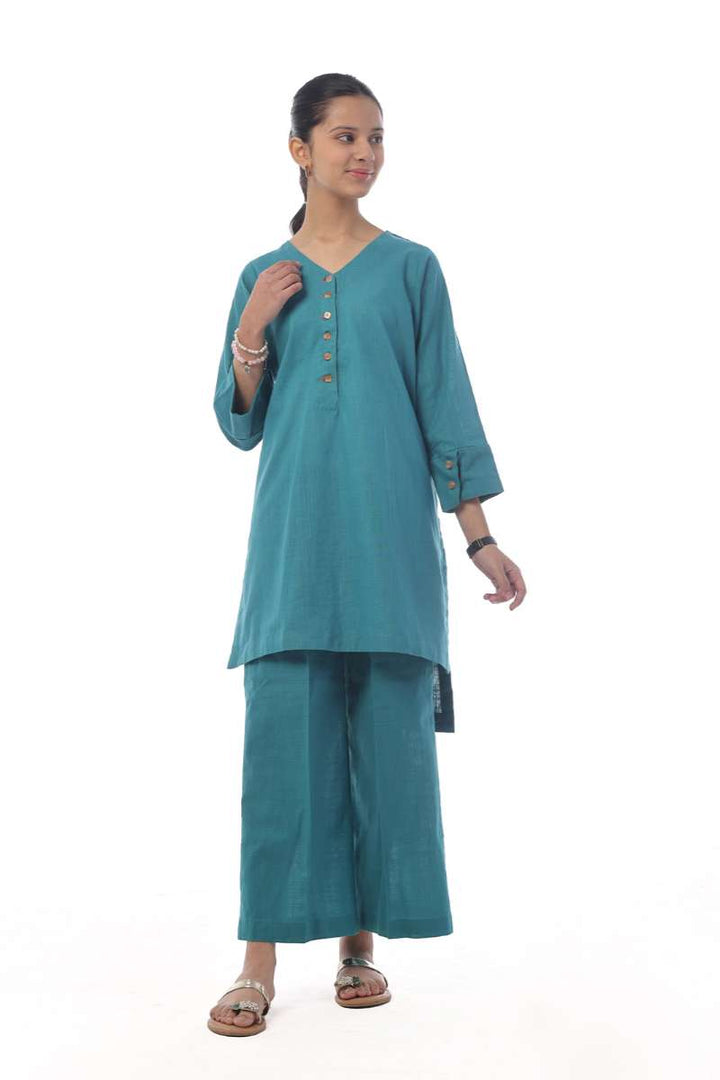 Oaks - Dyed Pret Shirt Trouser Khaddar Ferozi  - 2 Piece