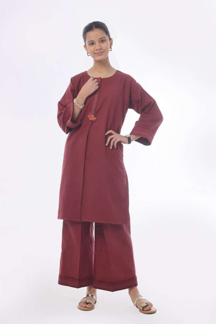 Oaks - Dyed Pret Shirt Trouser Khaddar Maroon  - 2 Piece