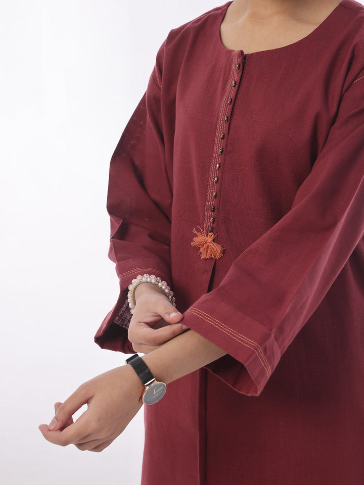 Oaks - Dyed Pret Shirt Trouser Khaddar Maroon  - 2 Piece