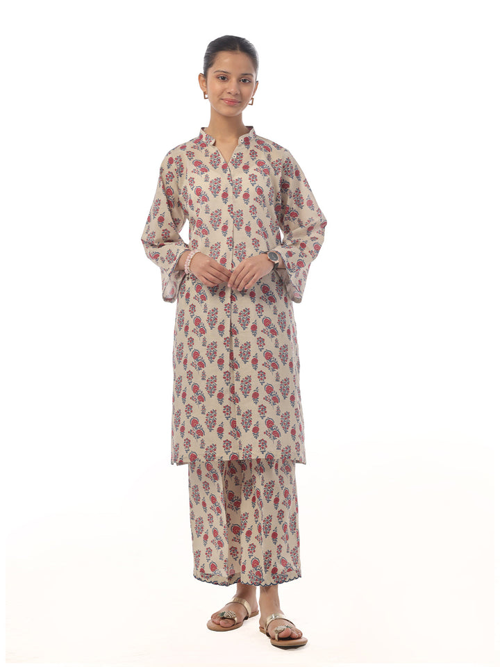 Oaks - Printed Pret Shirt Trouser Cambric Beige  - 2 Piece