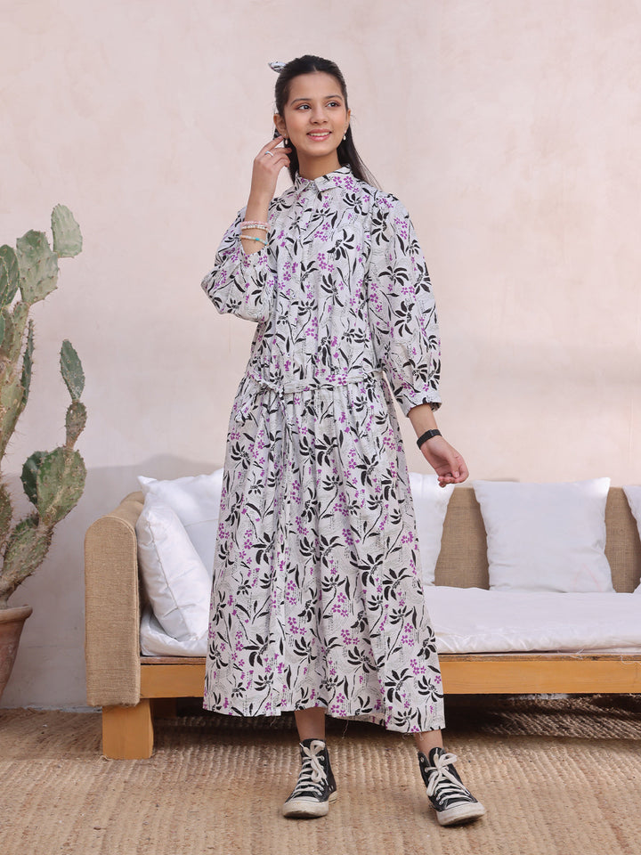 Oaks - Printed Pret Kurti Cambric White & Black  - 1 Piece