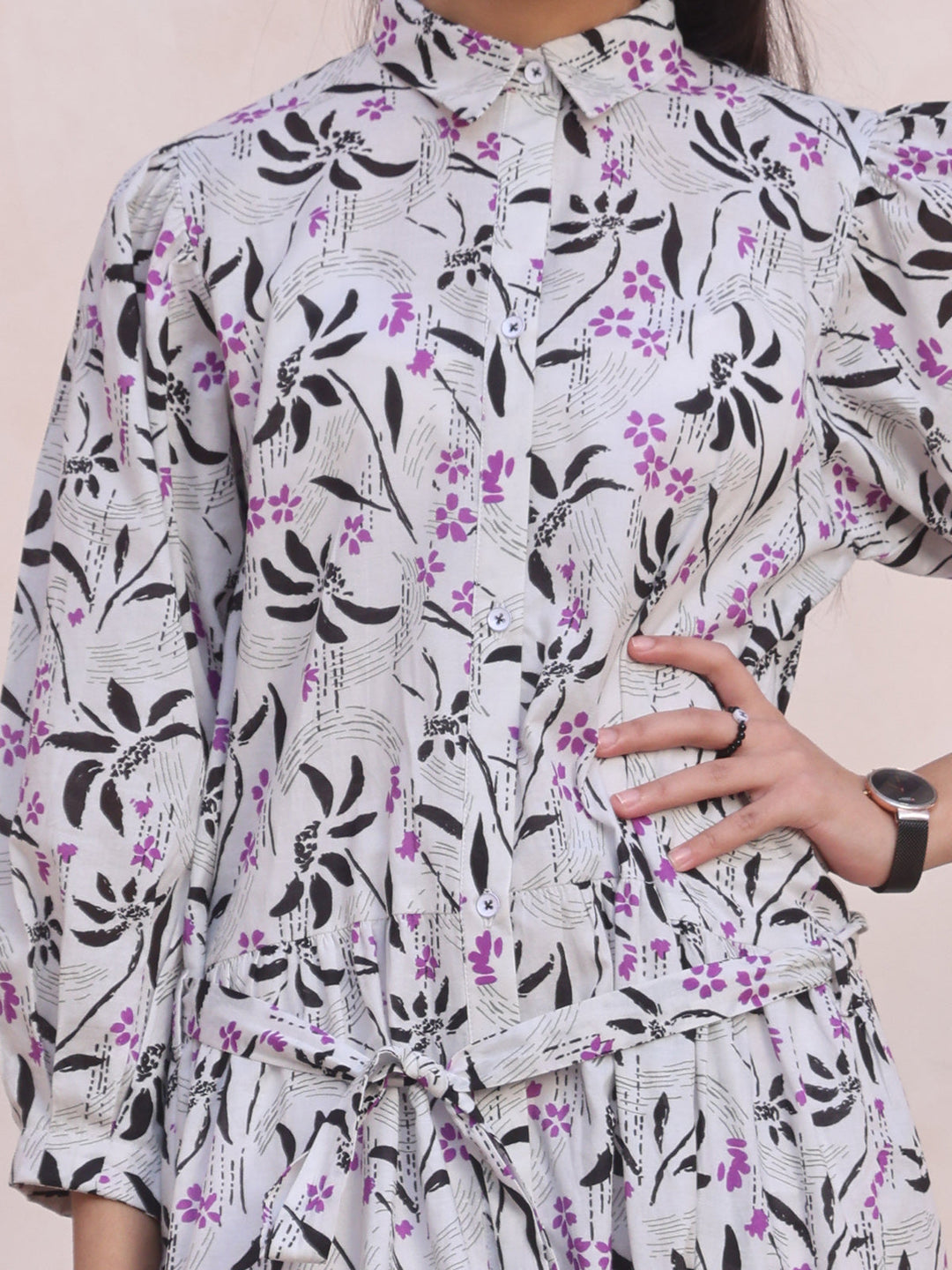 Oaks - Printed Pret Kurti Cambric White & Black  - 1 Piece