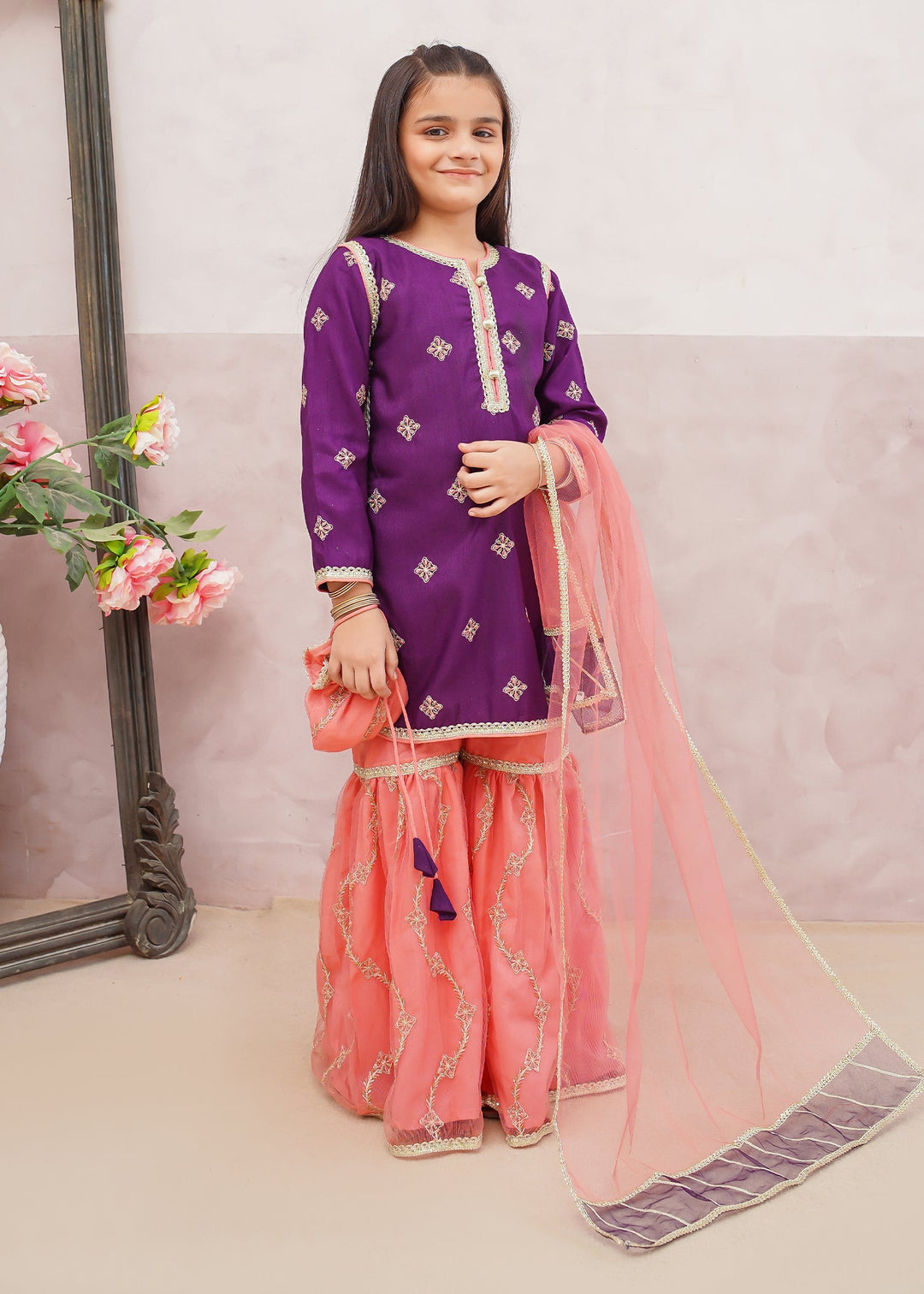 Modest - Rawsilk Embroidered Gharara Suit For Girl - Purple - 3 Piece