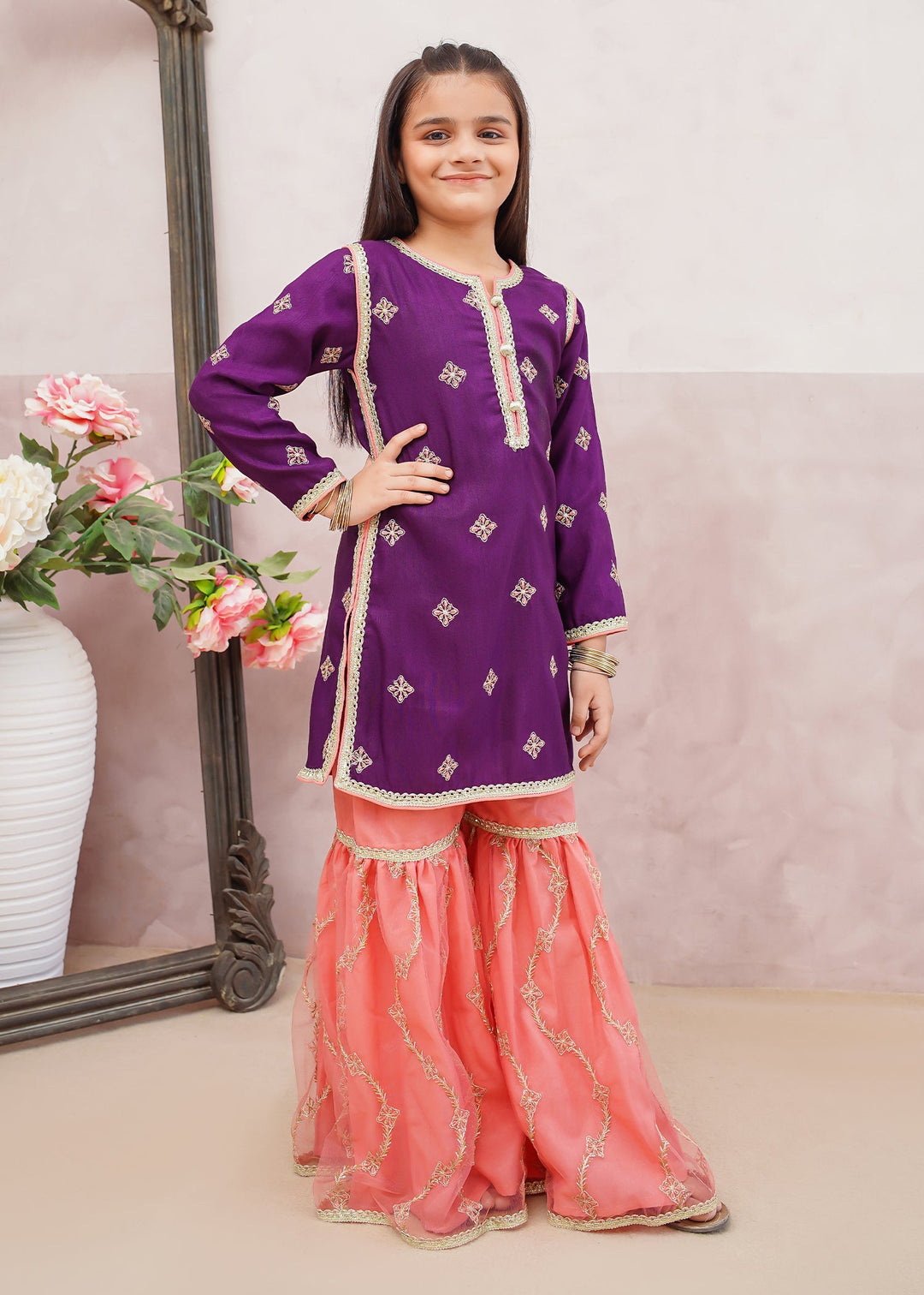 Modest - Rawsilk Embroidered Gharara Suit For Girl - Purple - 3 Piece