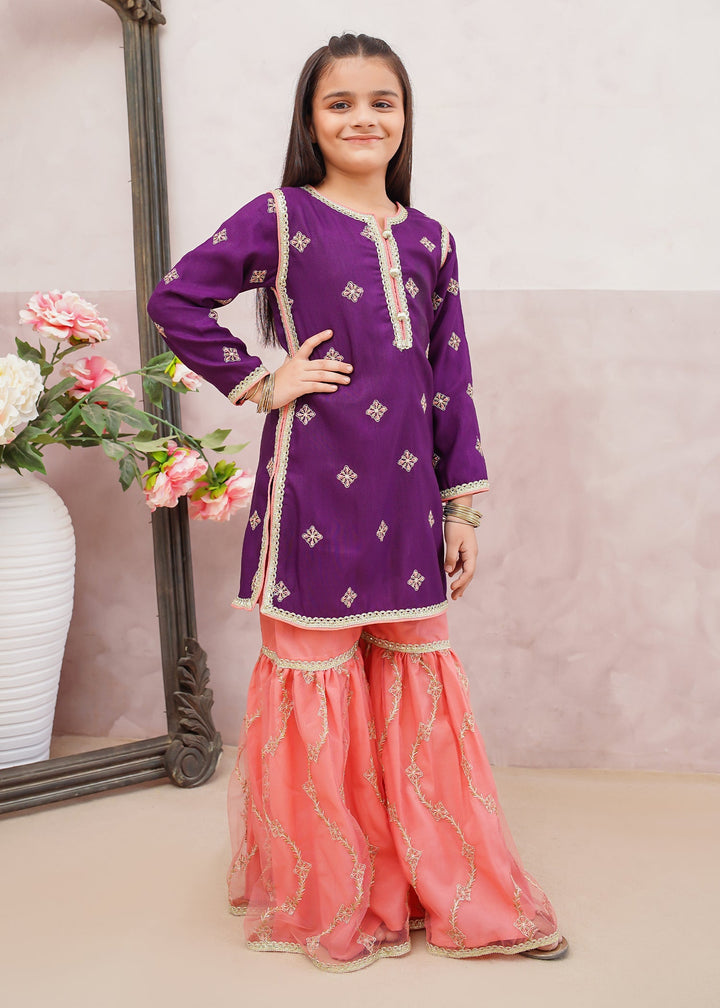 Modest - Rawsilk Embroidered Gharara Suit For Girl - Purple - 3 Piece
