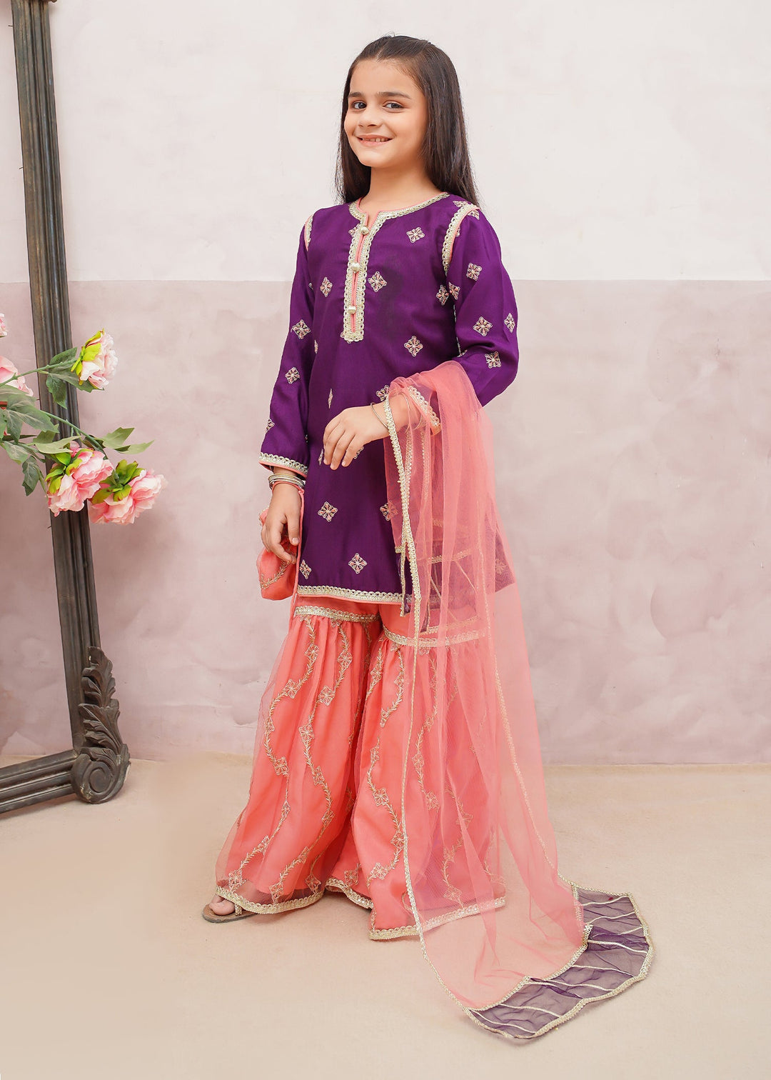 Modest - Rawsilk Embroidered Gharara Suit For Girl - Purple - 3 Piece