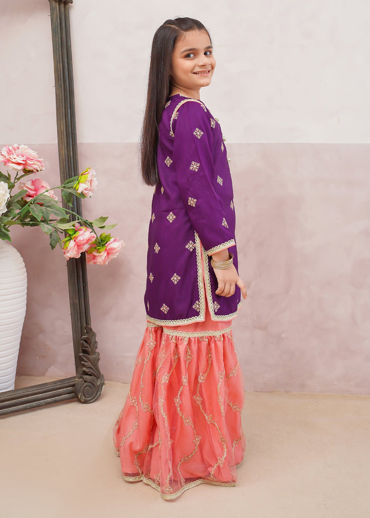 Modest - Rawsilk Embroidered Gharara Suit For Girl - Purple - 3 Piece