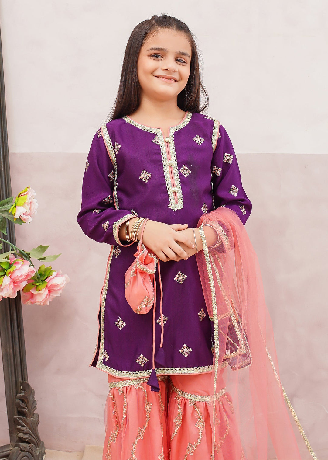 Modest - Rawsilk Embroidered Gharara Suit For Girl - Purple - 3 Piece