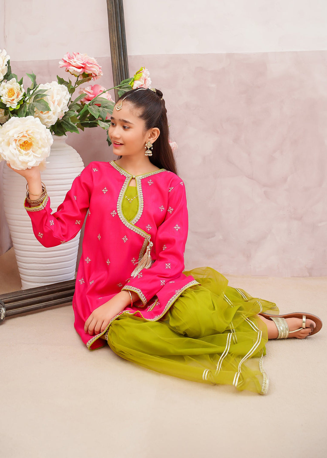 Modest - Rawsilk Embroidered Gharara Suit For Girl - Pink - 3 Piece